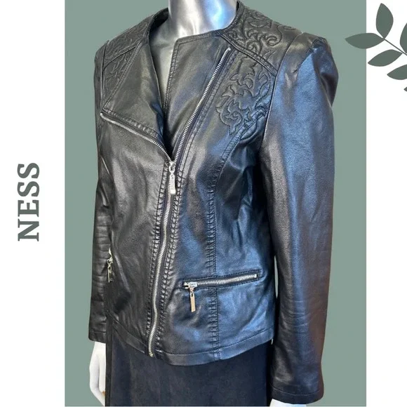 Ness Vegan Leather  Motorcycle Moto Jacket Lined Quilted Floral Black Size Small - Picture 4 of 7